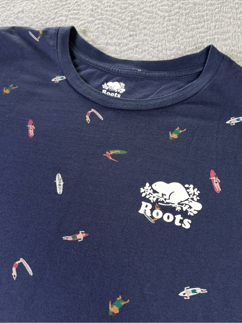 Roots Shirt Womens XL Navy Blue Surfing Theme Print Short Sleeve Cotton Preppy